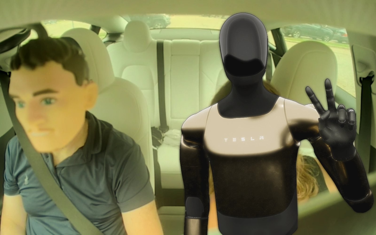 Tesla photo-booth mode on the cabin screen — CO·PILOT posing in the driver's seat next to the Optimus filter